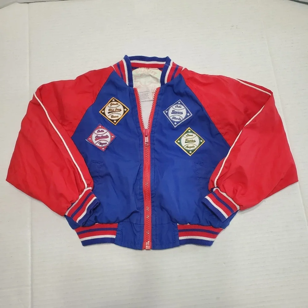 Weather Tamer Jacket Kids‎ 4T Red Blue Baseball Patches Vintage Bomber Coat